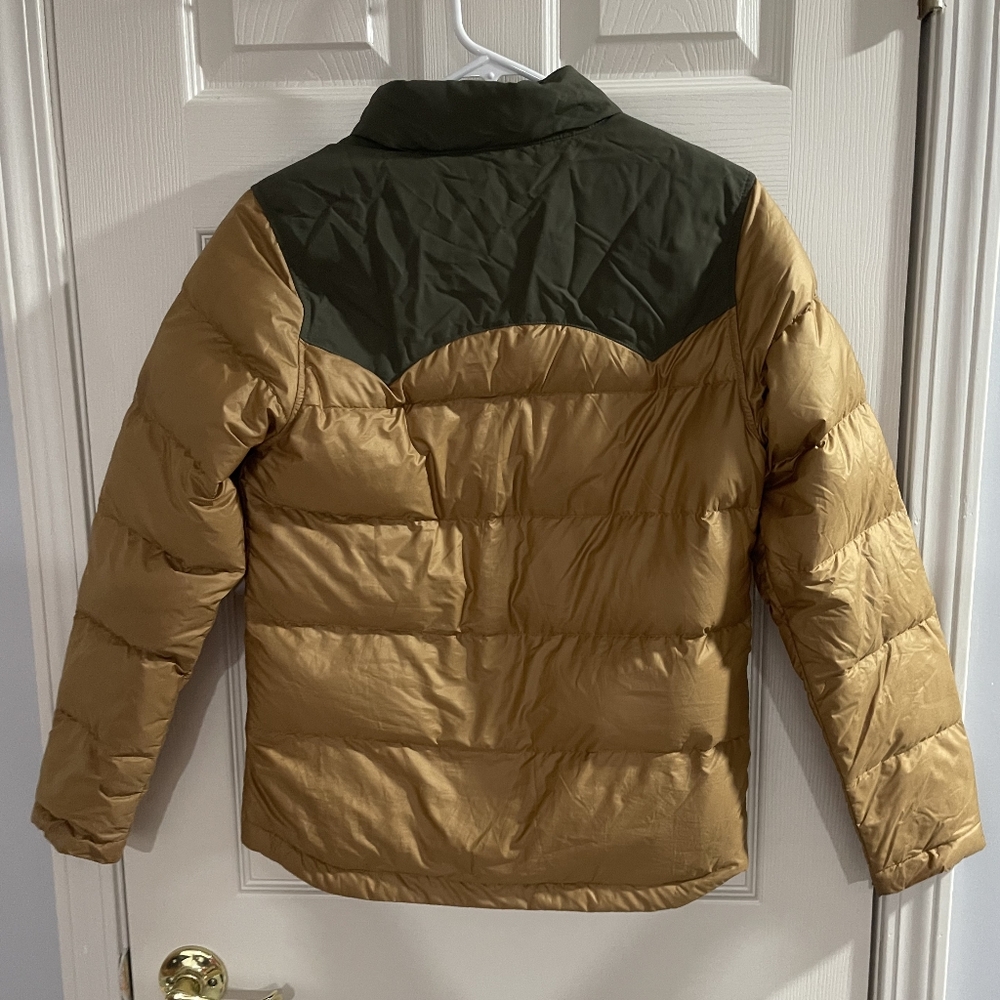 Patagonia Womens Gold Tan Army Green Down Filled Snap Button Puffer Jacket SZ XS - Picture 2 of 3